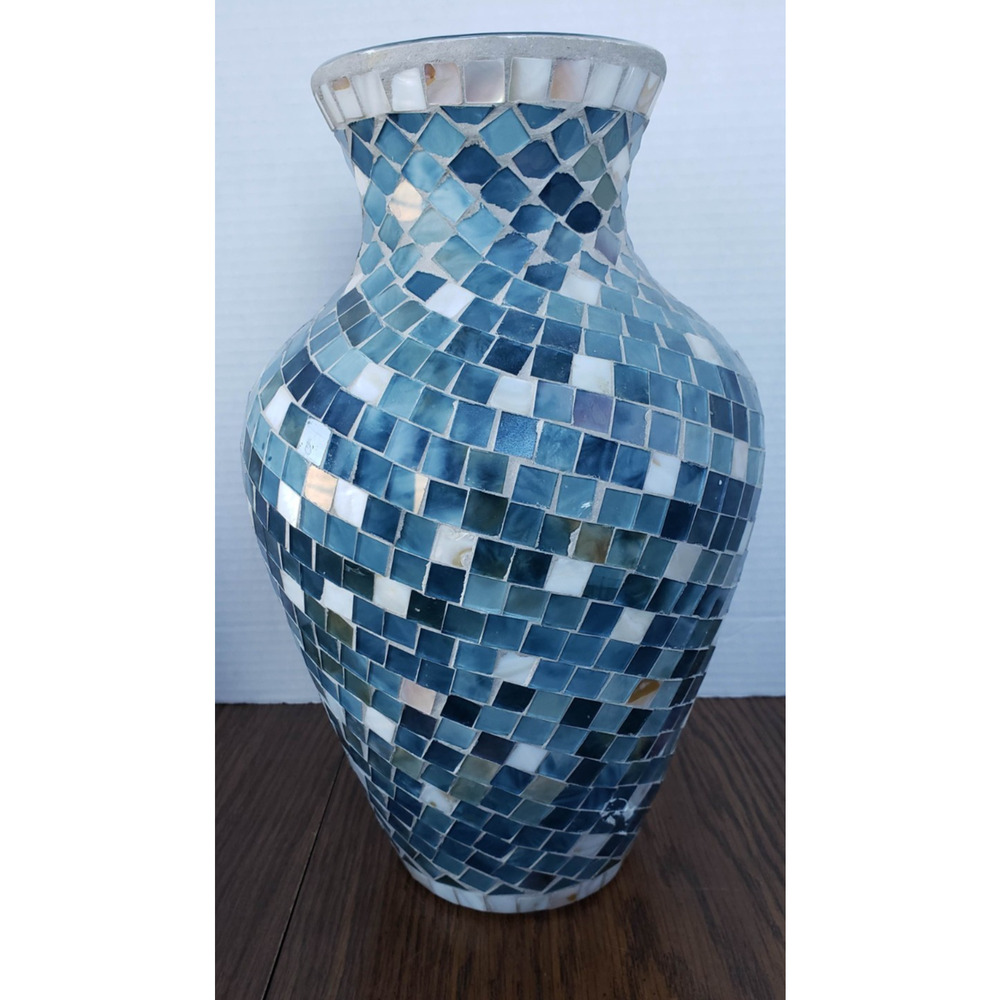 Mosaic 12 Inch Tall Blue White Tiled Glass Large Vase - Picture 2 of 15